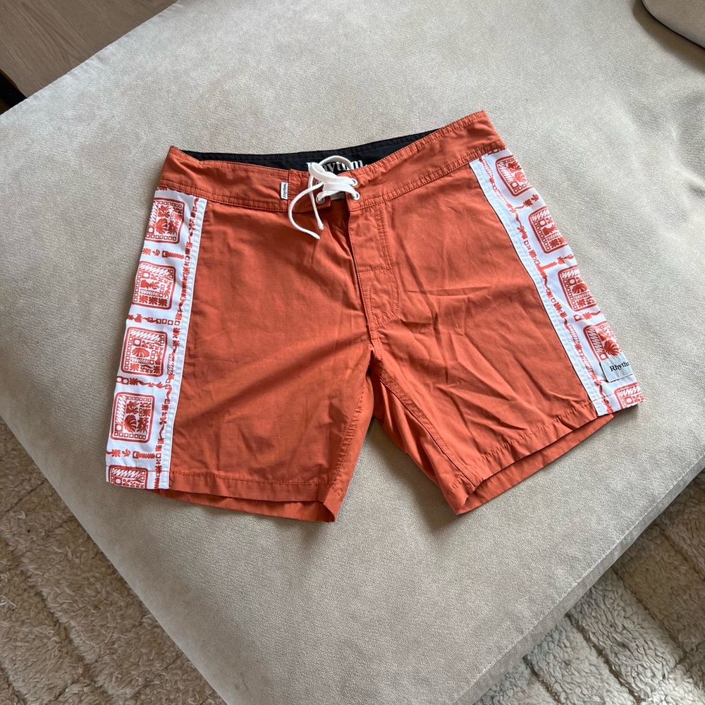 Men's Orange Swim Shorts with Patterned Sides